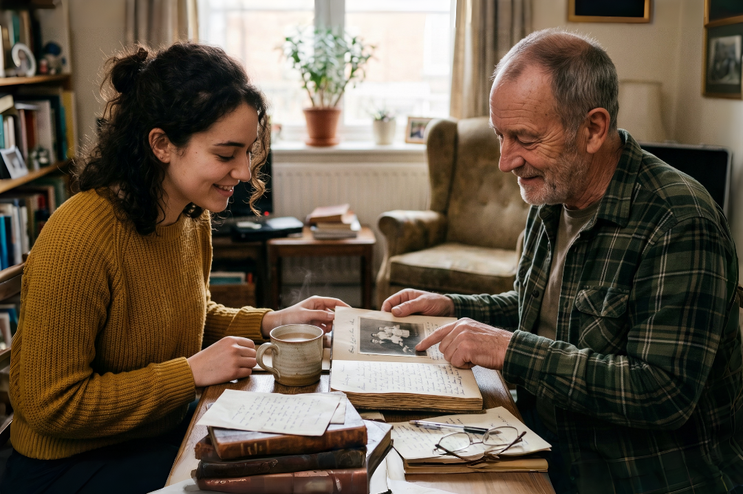 A college student and older adult sharing a meaningful conversation about life, purpose, and connection.
